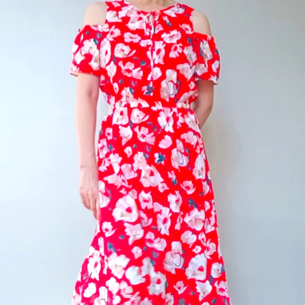 🪇2for$15 Ptp18" Cold Shoulder Short Sleeve Red Floral Long Dress - NWOT - Picture 1 of 9